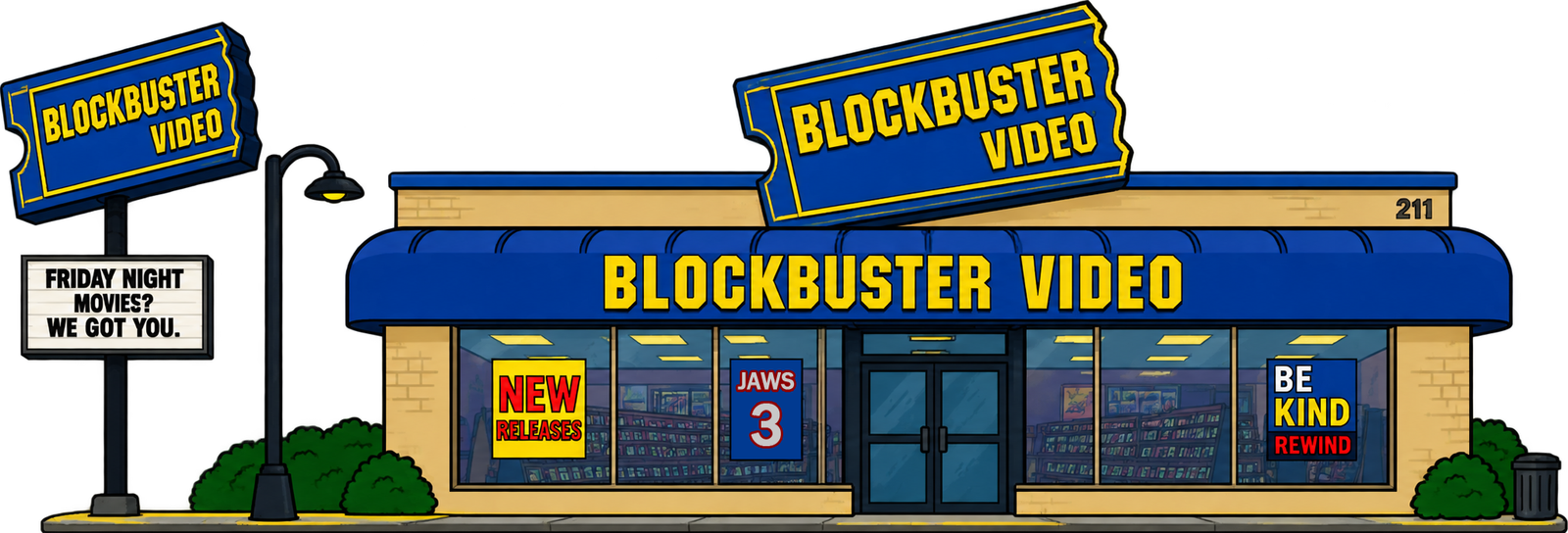 Cartoon Blockbuster Video storefront with a Friday night movies marquee sign, a New releases poster and a Be kind rewind sign in the windows