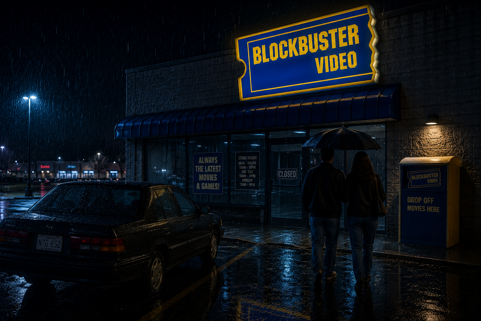 A couple under an umbrella walking up to a closed Blockbuster Video in the rain at night, past the drop off box
