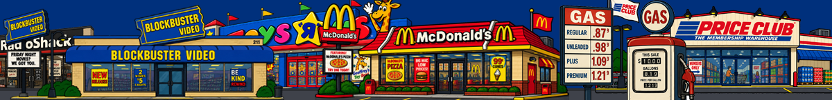 Cartoon 1990s strip mall at night with Blockbuster Video, Toys "R" Us, McDonald's, a gas station and Price Club