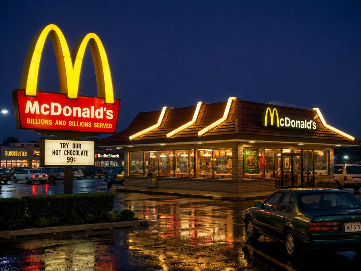 A McDonald's at night in the rain, arches lit up, wet parking lot, with Blockbuster and RadioShack in the background