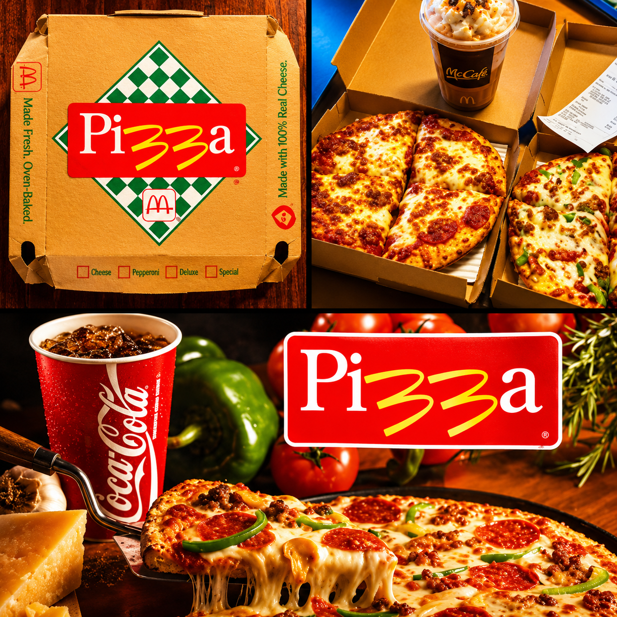 McDonald's pizza: the old McPizza box, pizzas in boxes with a McCafe cup, and a loaded pizza with a drink