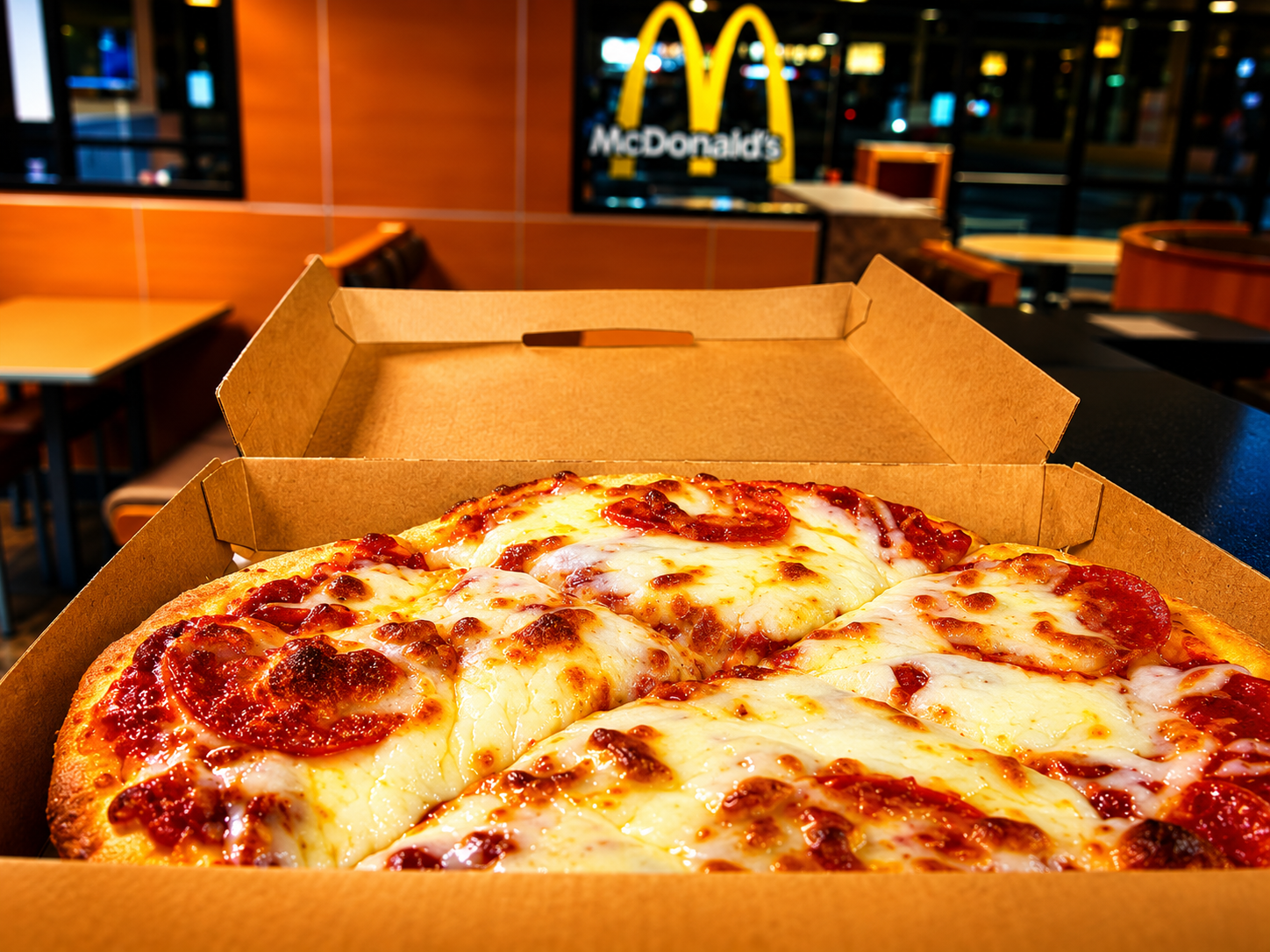 An open box of McDonald's pizza on a table inside a McDonald's restaurant