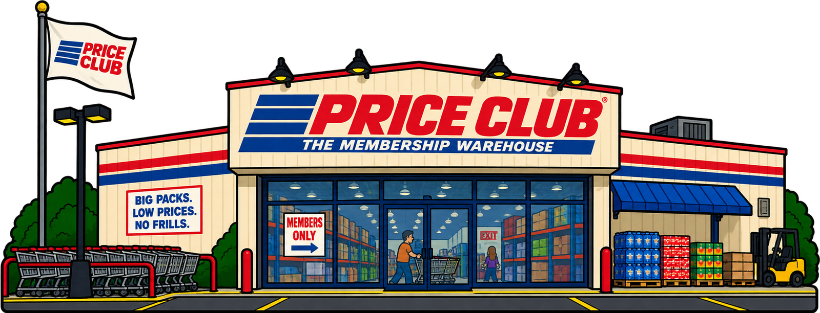 Cartoon Price Club warehouse storefront with a flag, a row of shopping carts, a members only sign and pallets of stock outside