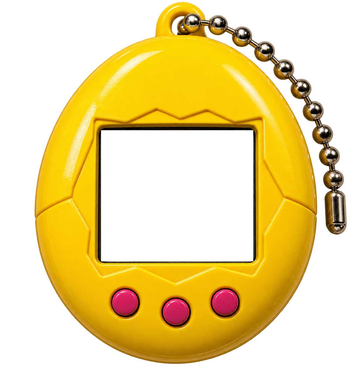 A yellow egg-shaped virtual pet toy with three buttons