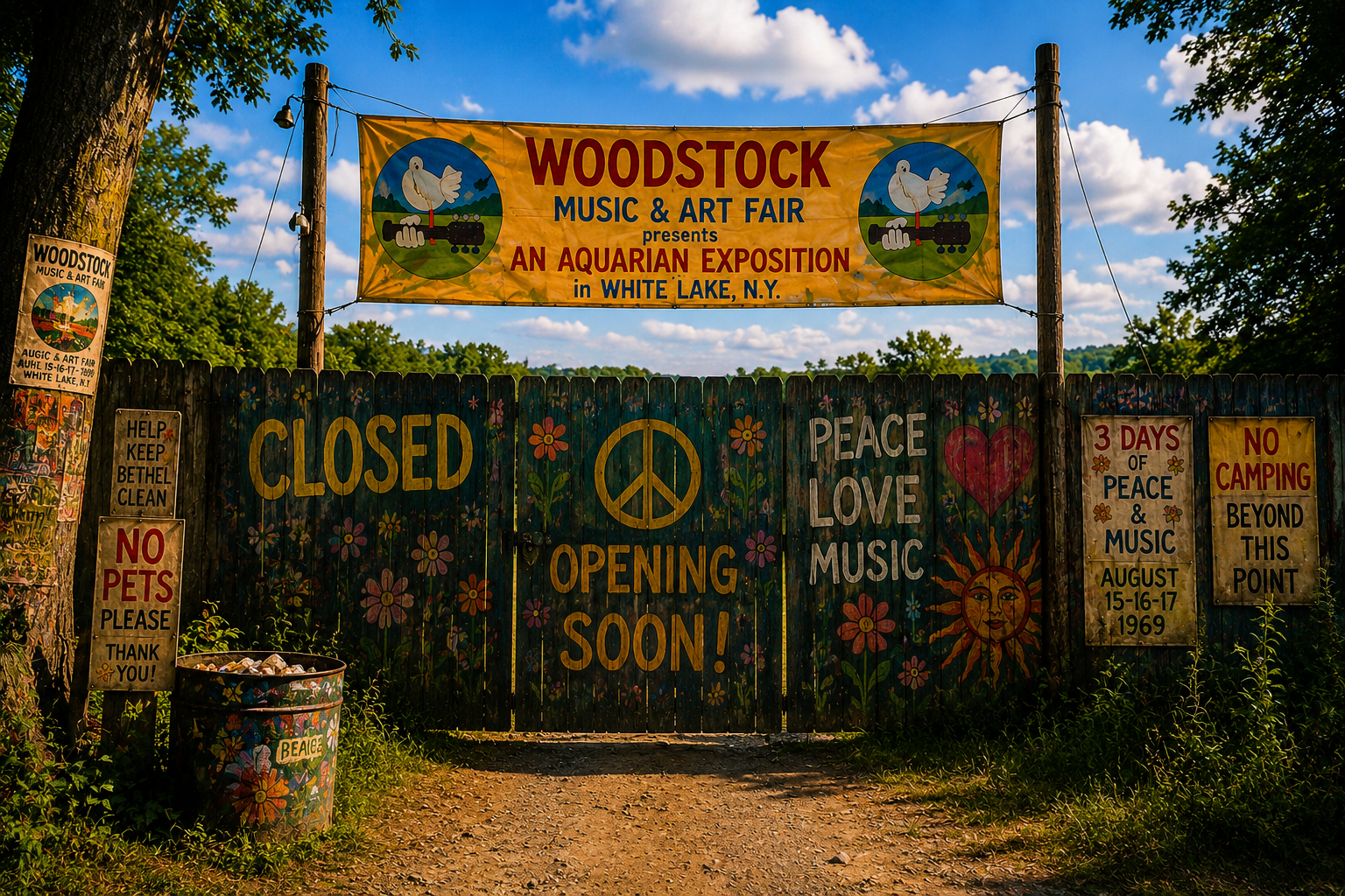 The painted wooden gates at Woodstock with a CLOSED OPENING SOON sign, a Music and Art Fair banner overhead and peace signs and flowers on the fence